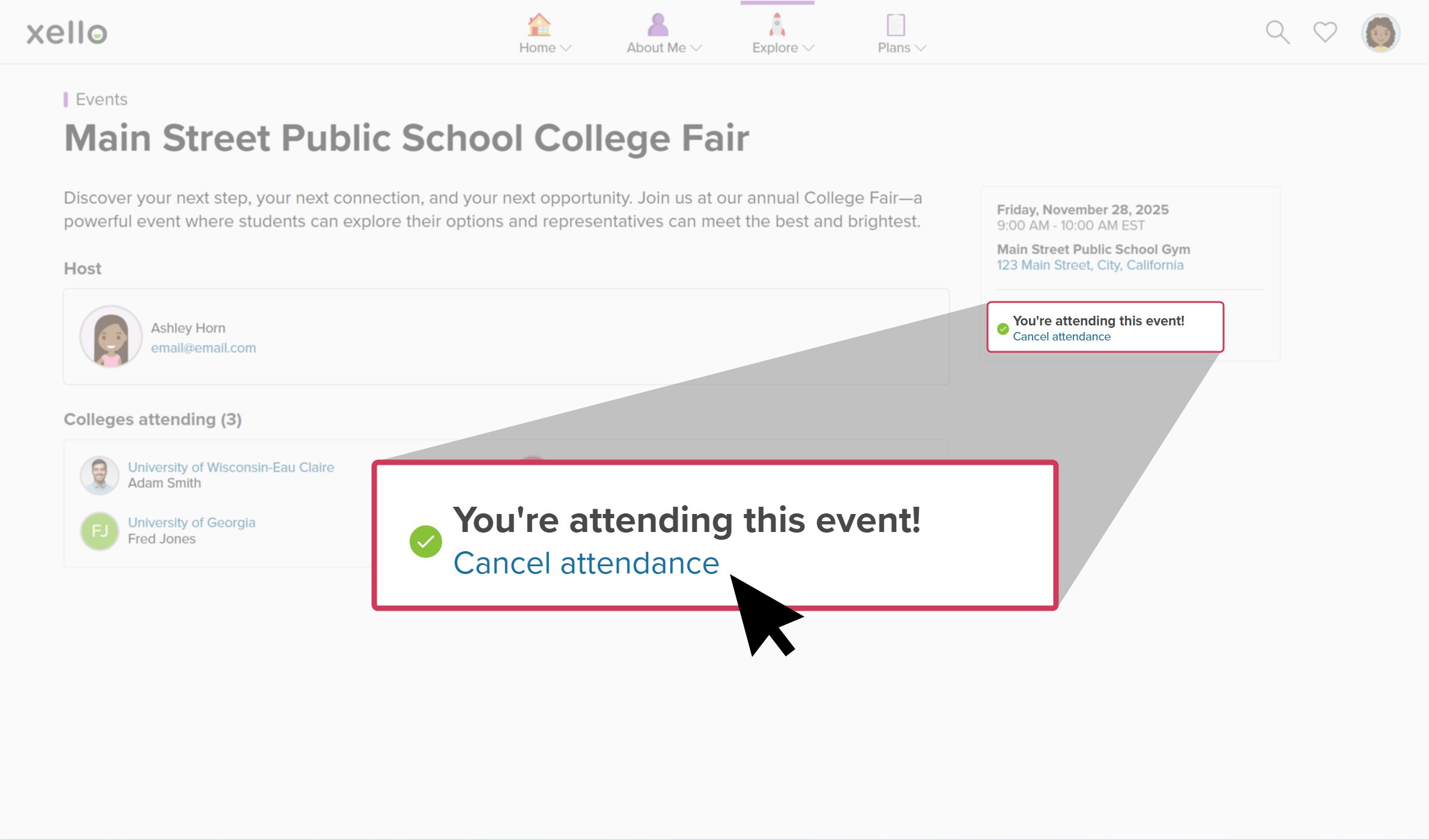 Student account in Xello. A detailed event page is open. The cursor is clicking Cancel attendance.